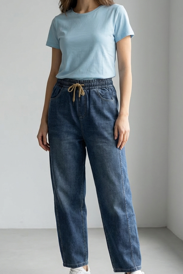 Barrel fit cotton jeans με λάστιχο στη μέση Dark Washed