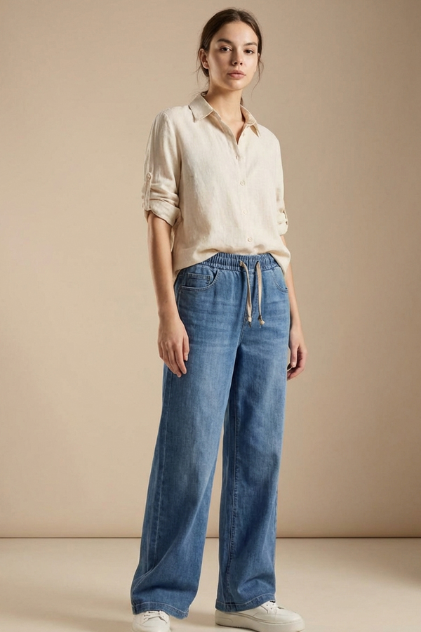 Wide leg cotton jeans με λάστιχο στη μέση Light Washed