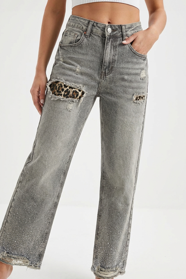 Jeans Wide leg ripped με στρας και animal print λεπτομέρειες