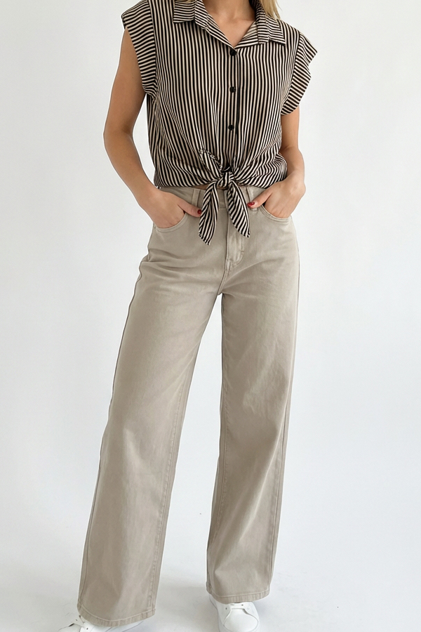 μπεζ γυναικείο wide leg denim ψηλόμεσο σε άνετη εφαρμογη