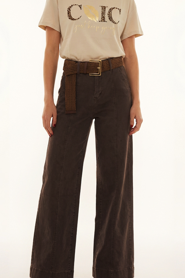 Γυναικείο Ψηλόμεσο Wide Leg Καφέ Denim Παντελόνι