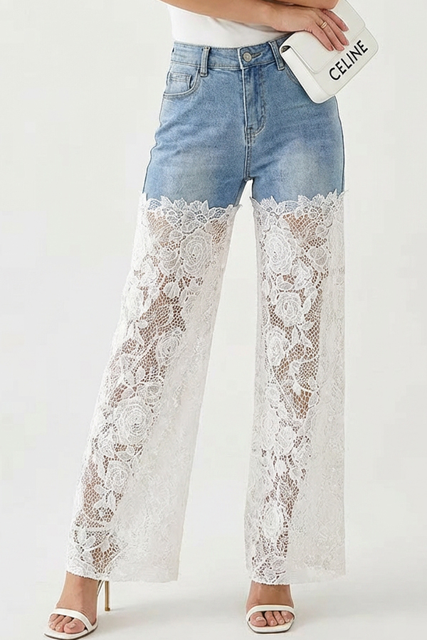 Jean παντελόνι wide leg με δαντέλα