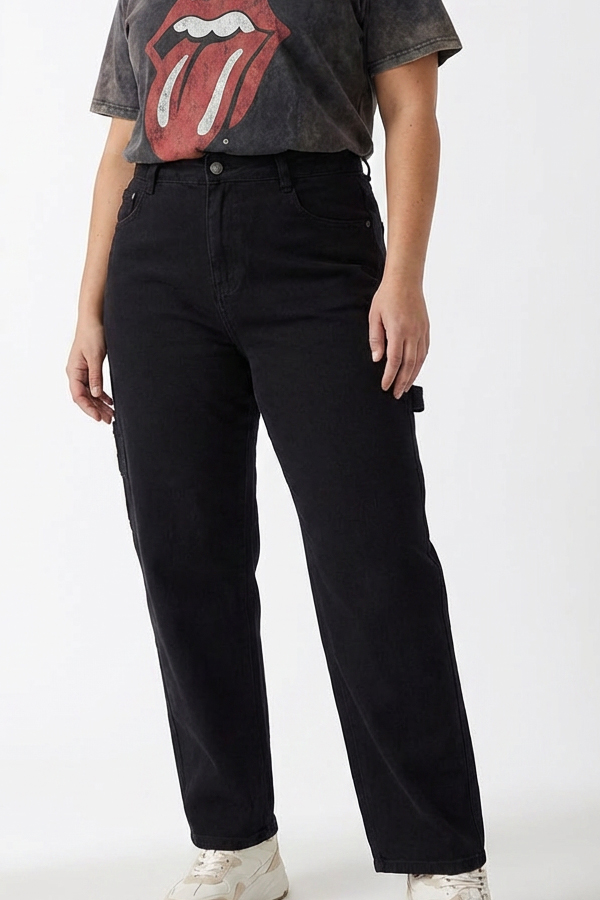 Μαύρο Γυναικείο Barrel Jeans Plus Size Άνετη Γραμμή Denim