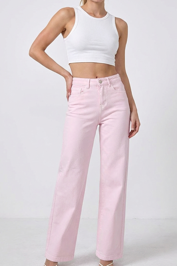 Γυναικείο Wide Leg Jeans Ψηλόμεσο Ροζ