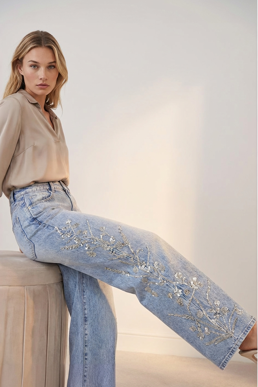 Jeans wide leg με κέντημα & παγιέτα