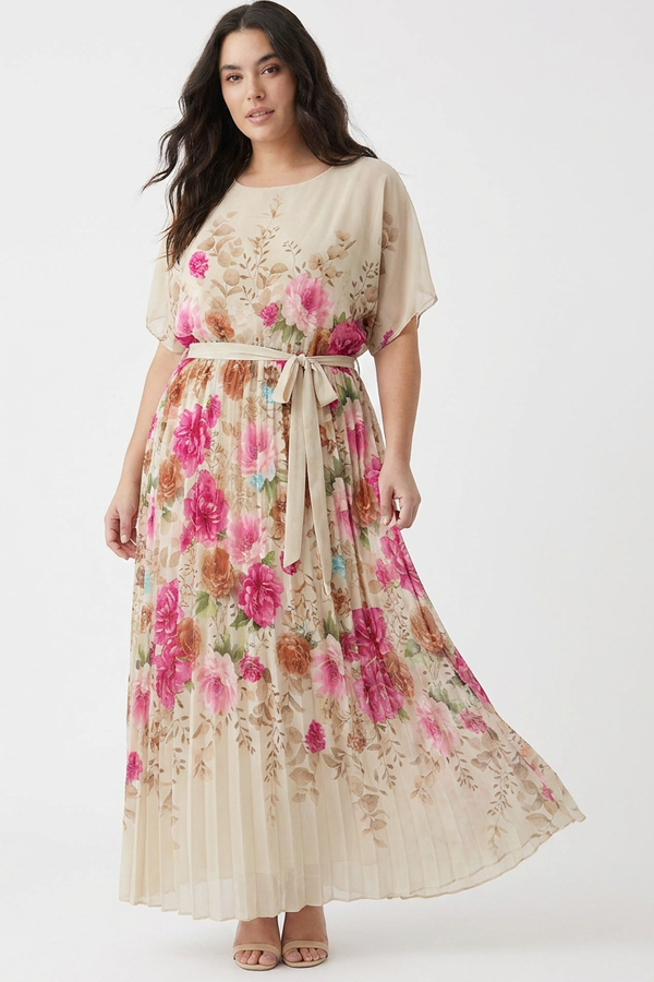 Μάξι Σιφόν Φόρεμα με Πλισέ Φούστα Plus Size σε 4 χρώματα