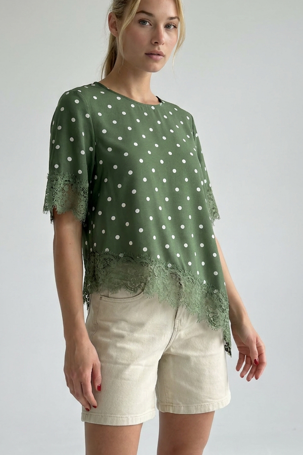 Polka Dot Μπλούζα με Δαντέλα σε Loose Fit Γραμμή Χακί