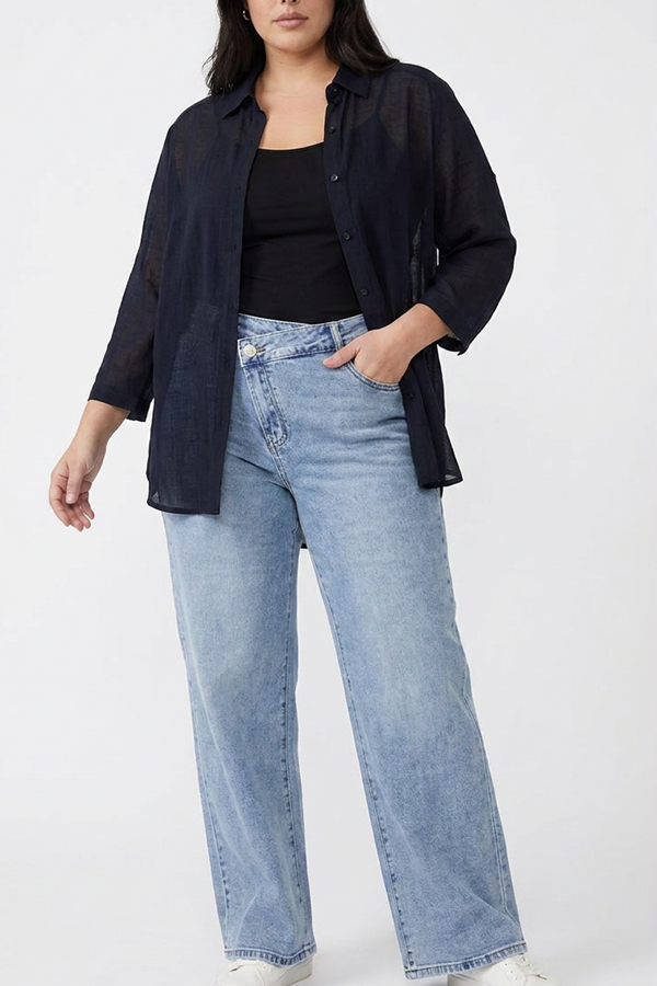 Γυναικείο Ψηλόμεσο Wide Leg Denim με χιαστή κούμπωμα Plus size