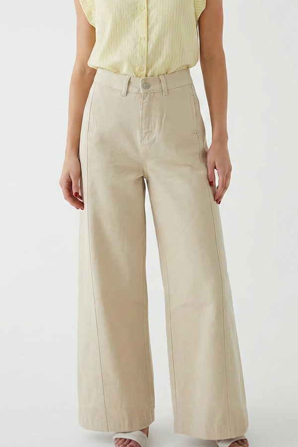 Γυναικείο Ψηλόμεσο Wide Leg Μπεζ Denim Παντελόνι