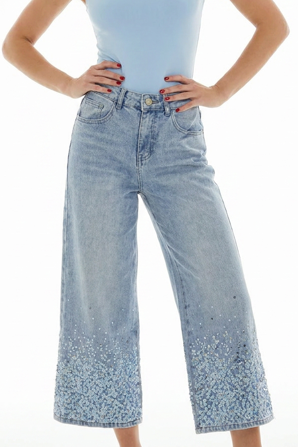 Wide leg jean zip culotte με παγιέτες