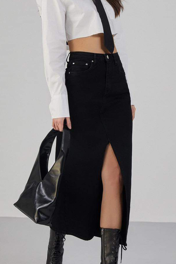 Γυναικεία μαύρη maxi denim φούστα ψηλόμεση με μπροστινό σκίσιμο χειμερινή συλλογή 2027