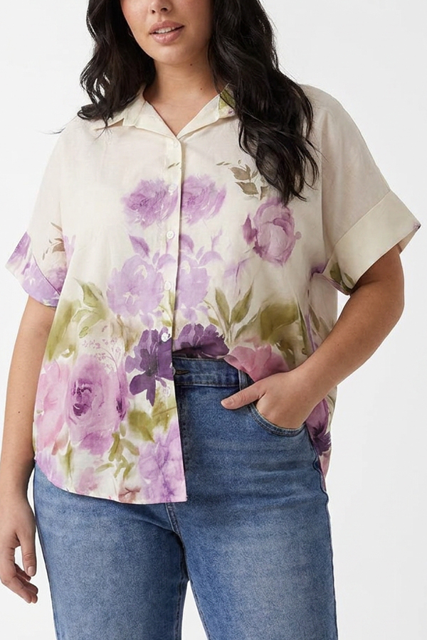 Plus Size Cotton Floral Shirt Lilac