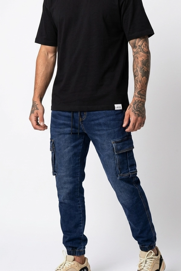 Ανδρικό cargo jogger jean σε μπλε denim με ελαστική μέση