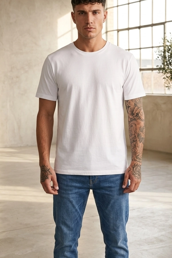Άνδρας με unisex βαμβακερό T-shirt 155 GSM σε λευκό