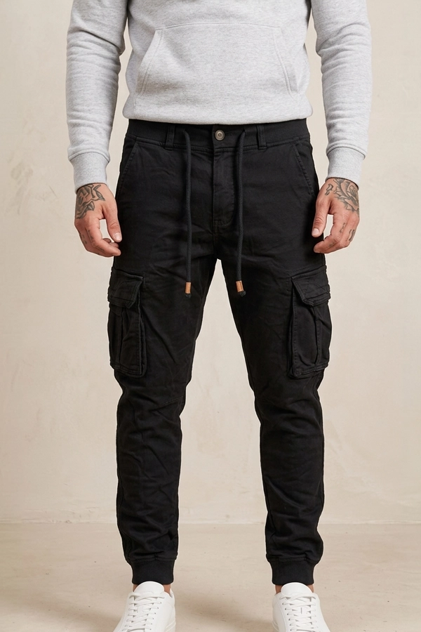 Ανδρικό jogger cargo jeans μαύρο με ελαστική μέση