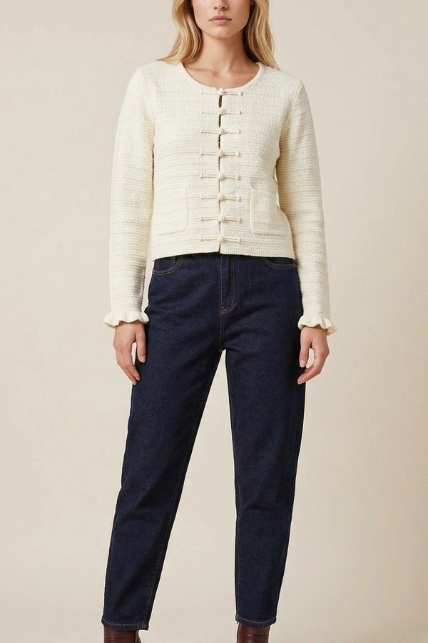 Beige women's soft knit cardigan with frog-style buttons and pockets