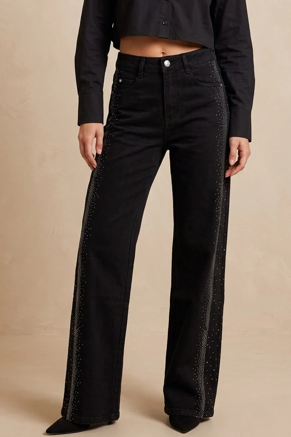 Black high waist wide leg jeans with rhinestone side details styled with a black cropped shirt