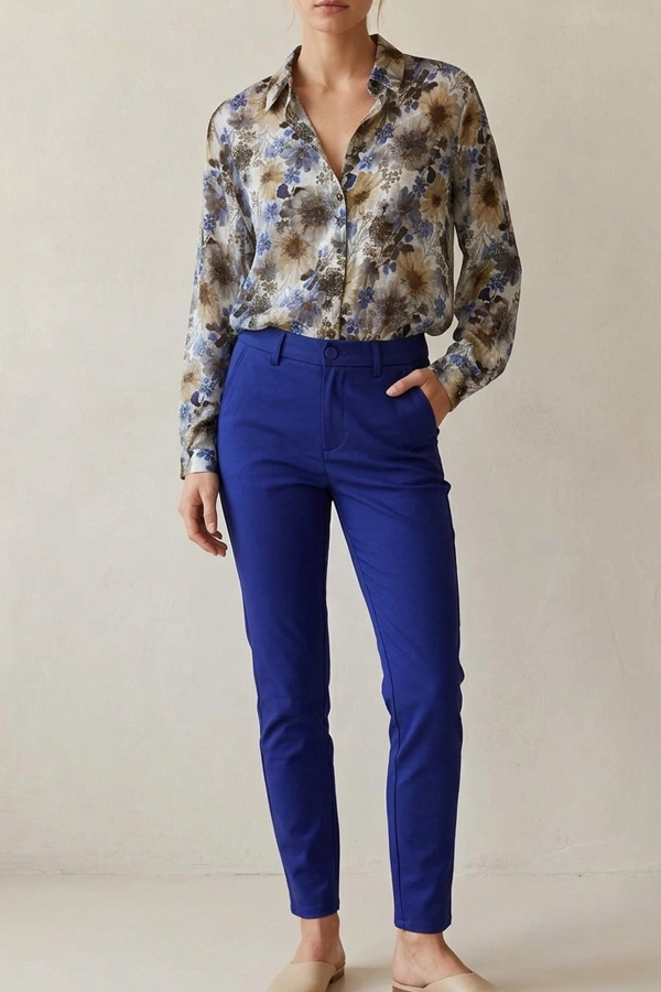 Woman wearing blue stretch chino pants with floral blouse