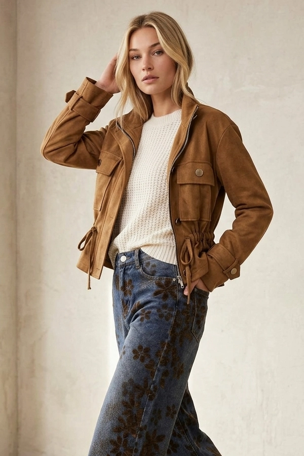 Camel suede jacket styled with wide leg floral jeans