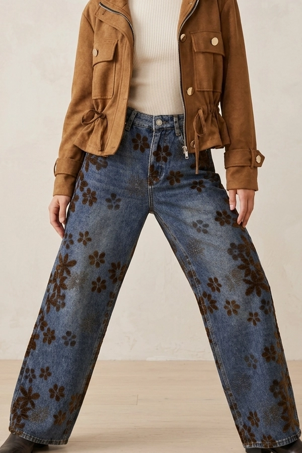 Woman wearing high waist floral wide leg jeans