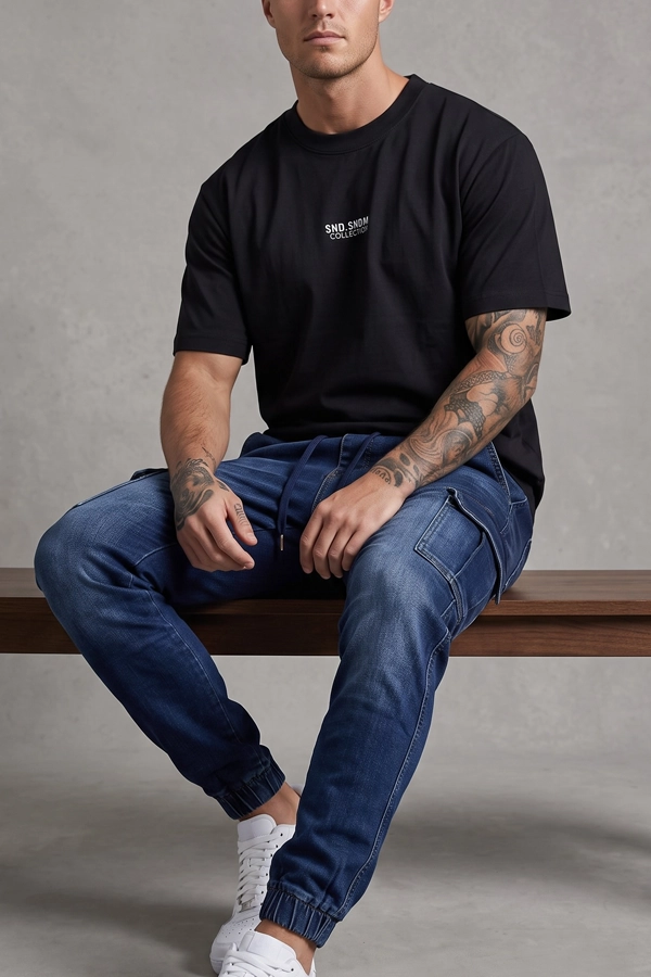 Ανδρικό Cargo Jogger Jeans μπλε φορεμένο σε ανδρικό μοντέλο