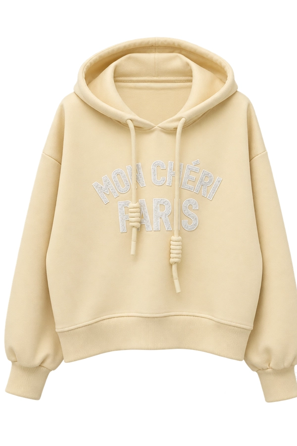 Oversized cotton hoodie with Mon Cheri Paris embroidery beige