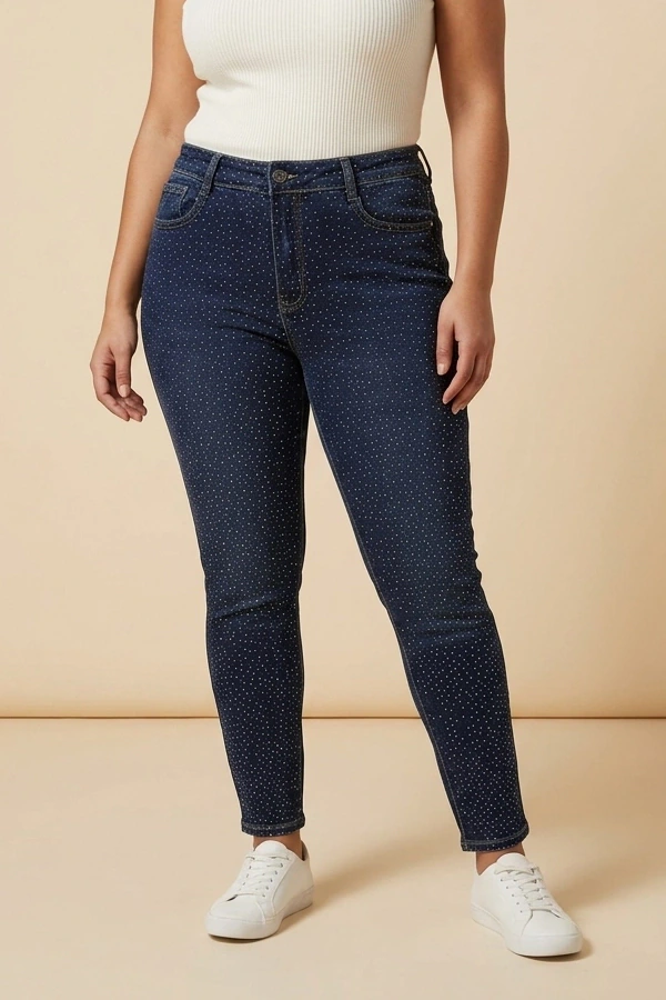 Plus size high waist slim fit dark wash jeans with rhinestones