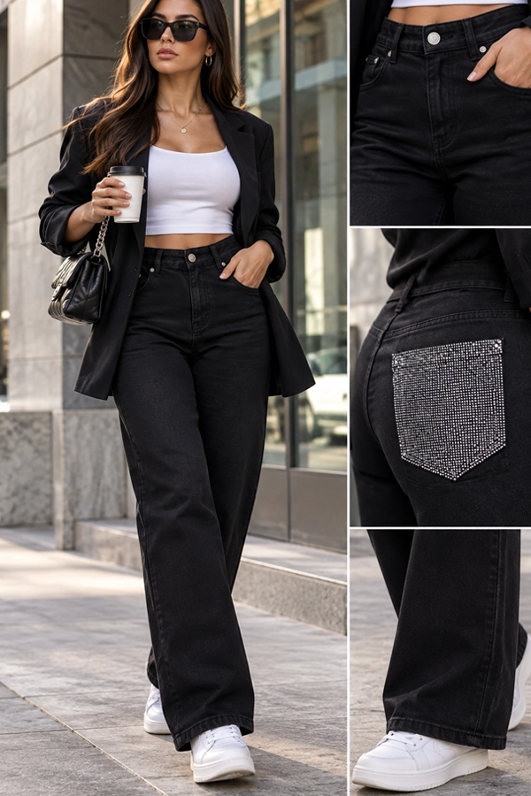 Plus size wide leg black jeans με rhinestone πίσω τσέπη σε μοντέλο