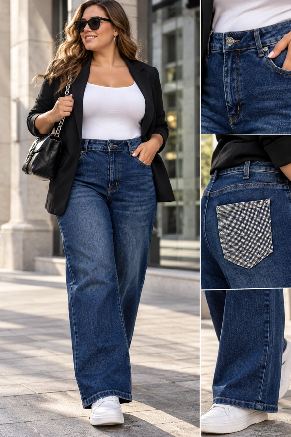 Plus size wide leg jeans με rhinestone πίσω τσέπη σε μοντέλο