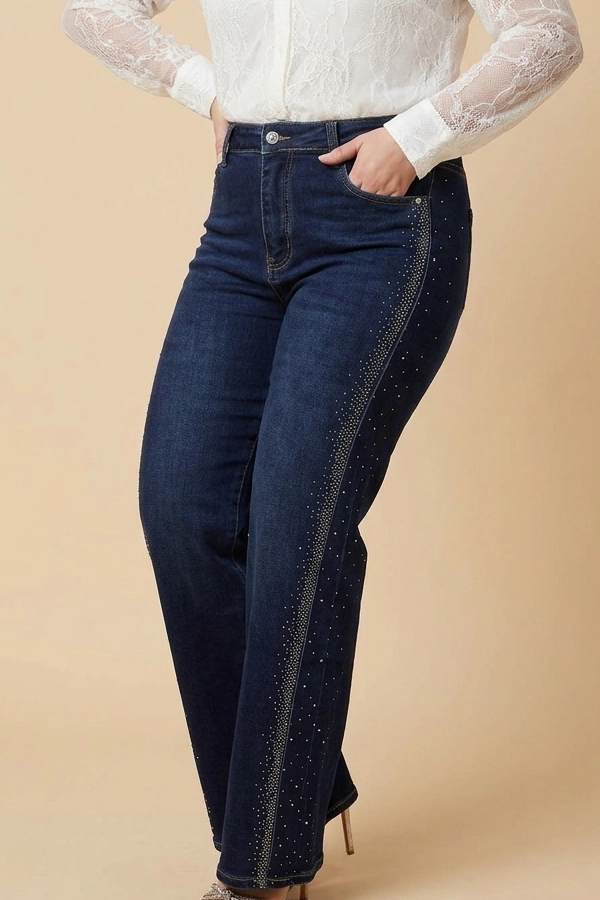 Plus size dark blue wide-leg jeans with rhinestone side detailing