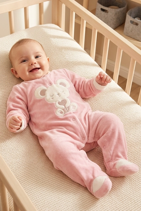 Βρεφικό απαλό ροζ cotton velour φορμάκι με αρκουδάκι