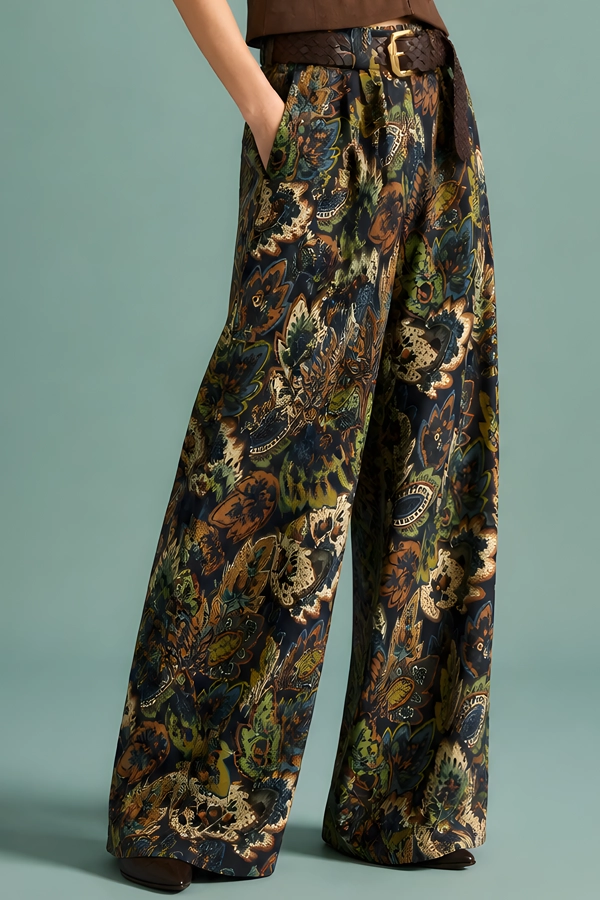 Wide leg παντελόνα floral paisley jacquard με ζώνη σε μοντέλο