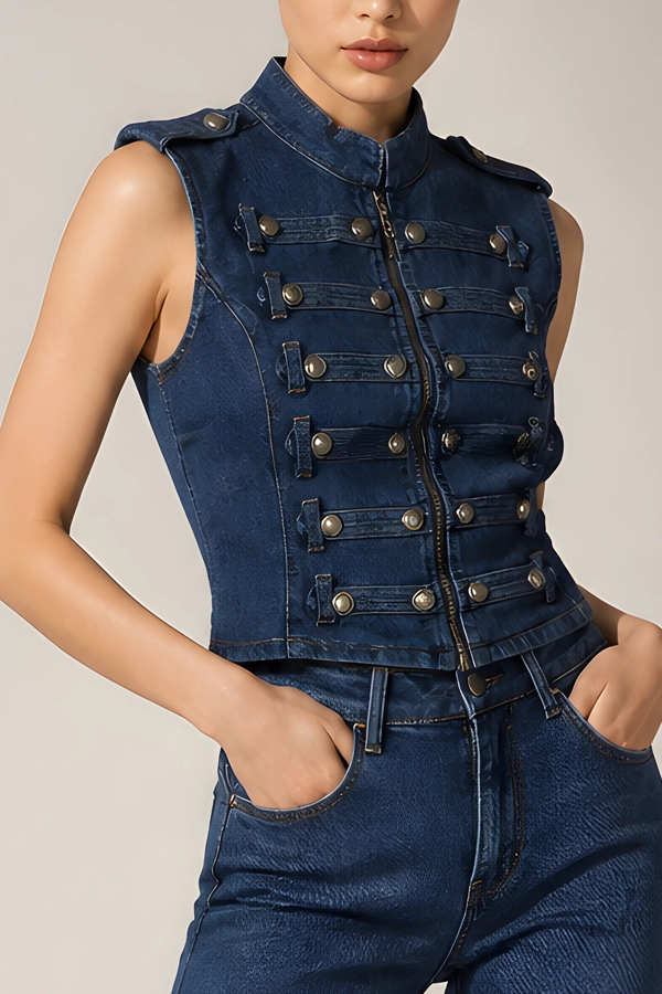 Women’s blue denim vest modern fashion outfit