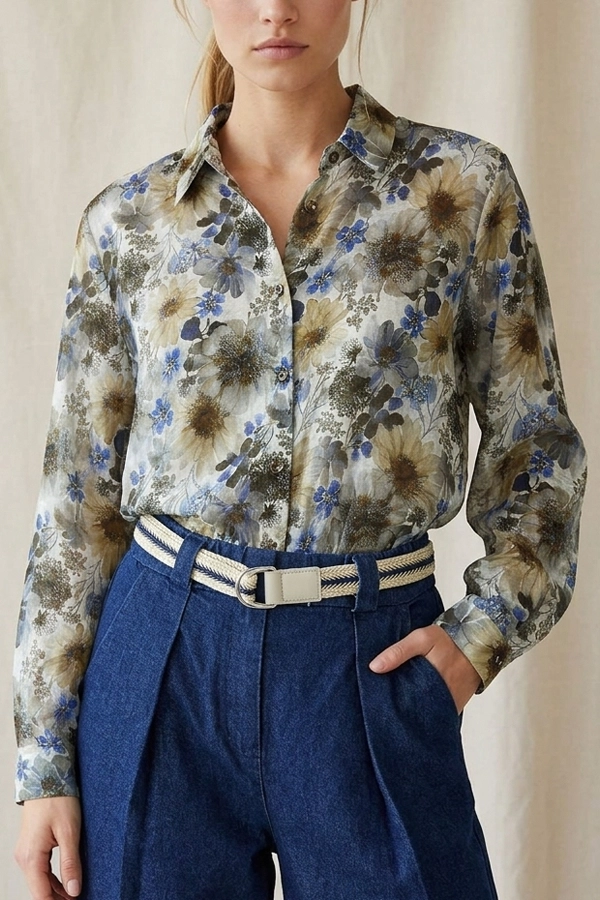 Women's floral cotton shirt close-up with blue and brown print