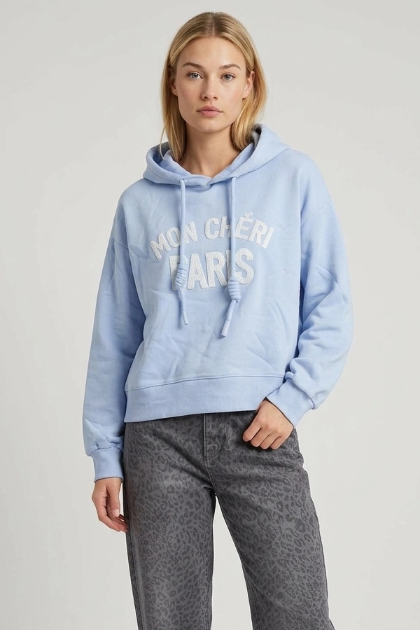 Women’s oversized cotton Mon Cheri Paris hoodie baby blue