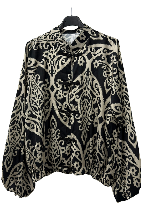 Black and beige baroque print satin-effect top with long sleeves and frog closures.