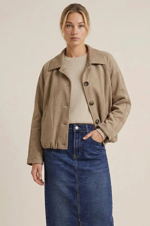 Beige suede bomber jacket women worn with denim skirt