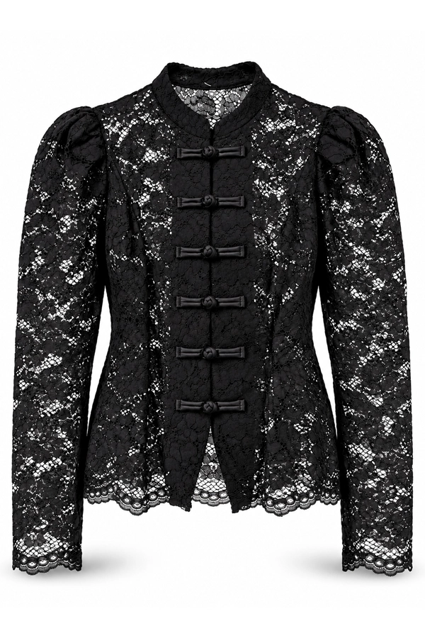 Black lace frog button blouse with puff sleeves