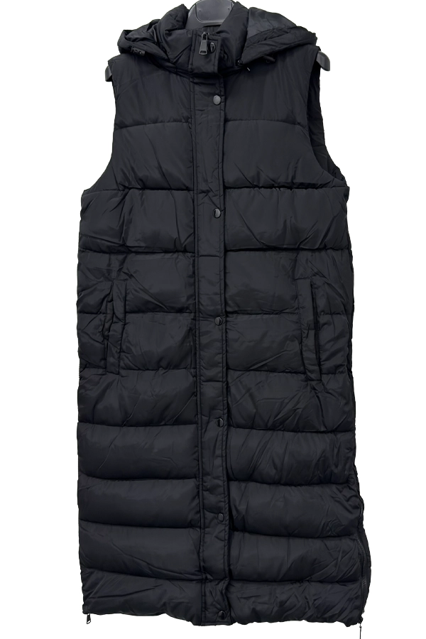Full front view of black midi puffer vest with hood and front pockets