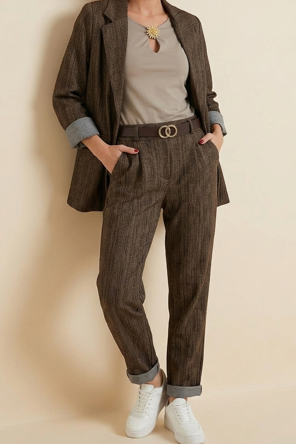 Woman wearing brown chino trousers with rhinestone details and rolled hems