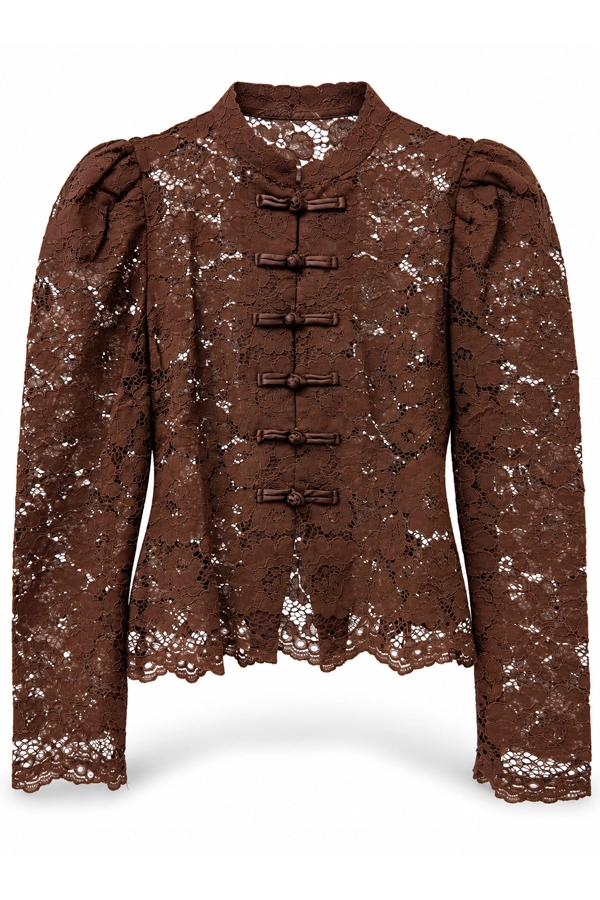 Brown Japanese style lace blouse with frog buttons