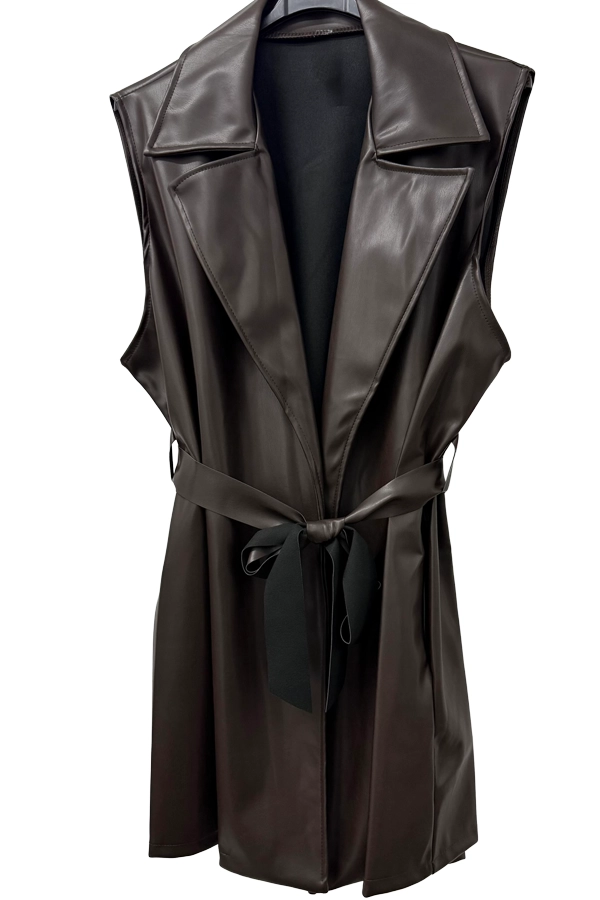 Καφέ plus size faux leather γιλέκο με ζώνη και lapel