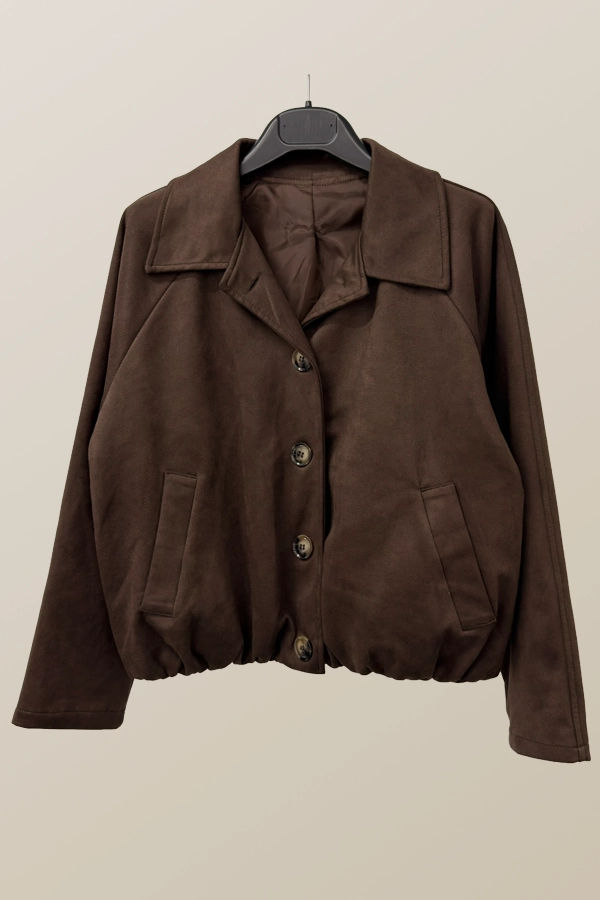 Brown suede bomber jacket women front view with buttons and pockets