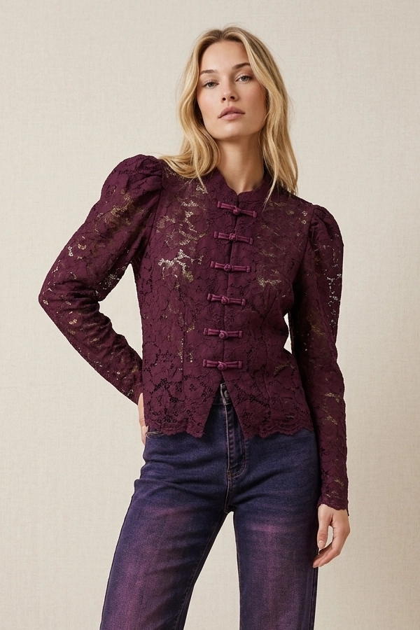 Burgundy lace blouse with wide leg jeans and ankle boots