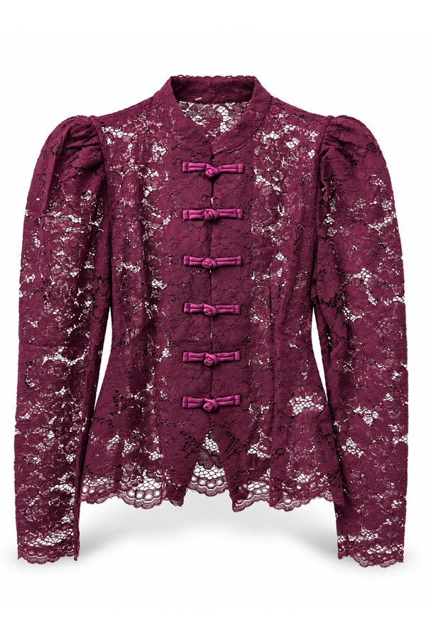 Burgundy lace blouse with frog buttons and puff sleeves