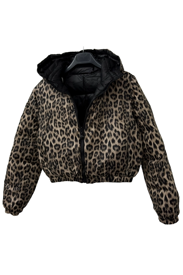 Women's leopard-print reversible cropped puffer jacket with detachable hood.