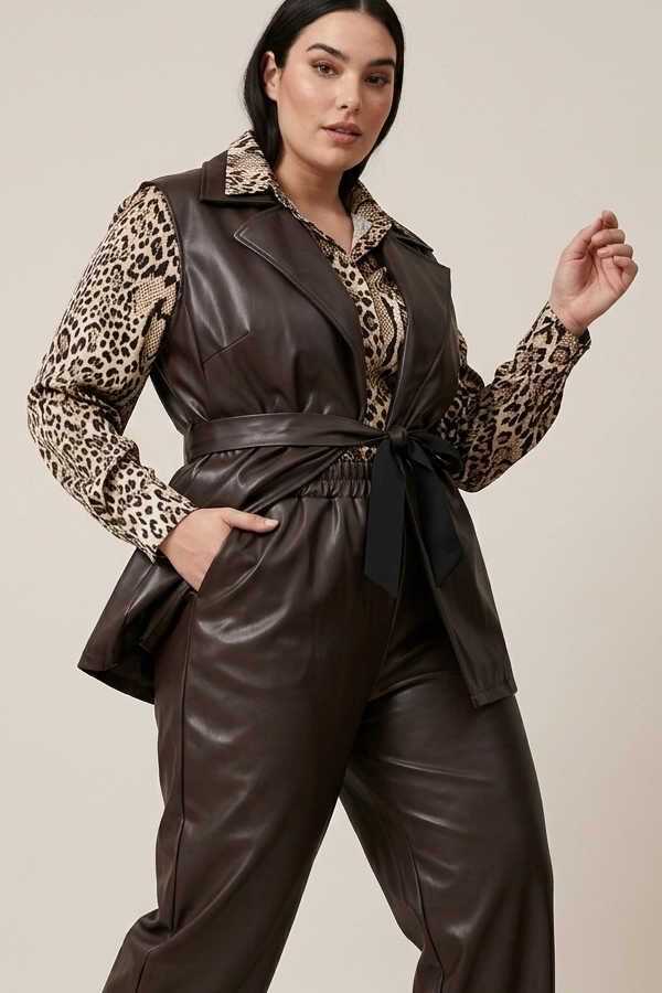 Plus size outfit με καφέ faux leather γιλέκο και παντελόνι