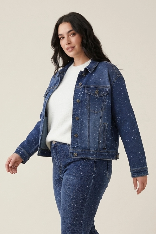 Woman wearing plus size rhinestone denim jacket