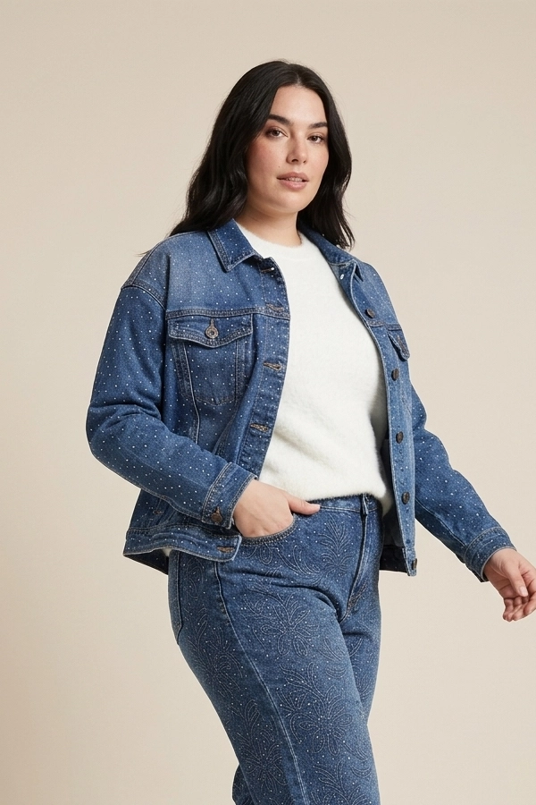 Plus size stretch rhinestone jean jacket side view