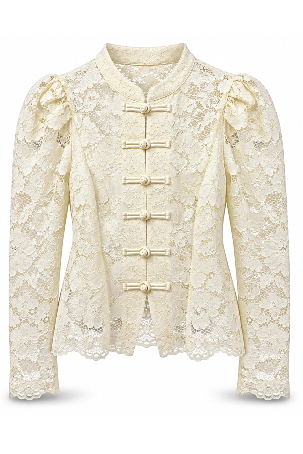 White lace blouse with frog buttons and puff sleeves